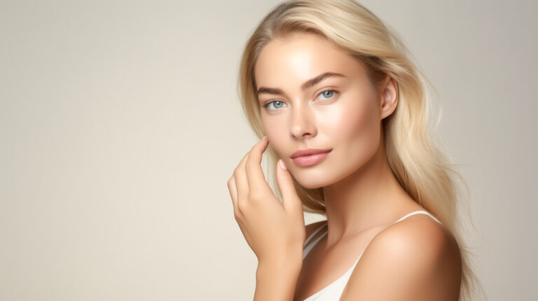 A woman with smooth, radiant skin and a refined nasal profile, illustrating the natural-looking facial harmony achieved with non-surgical rhinoplasty.