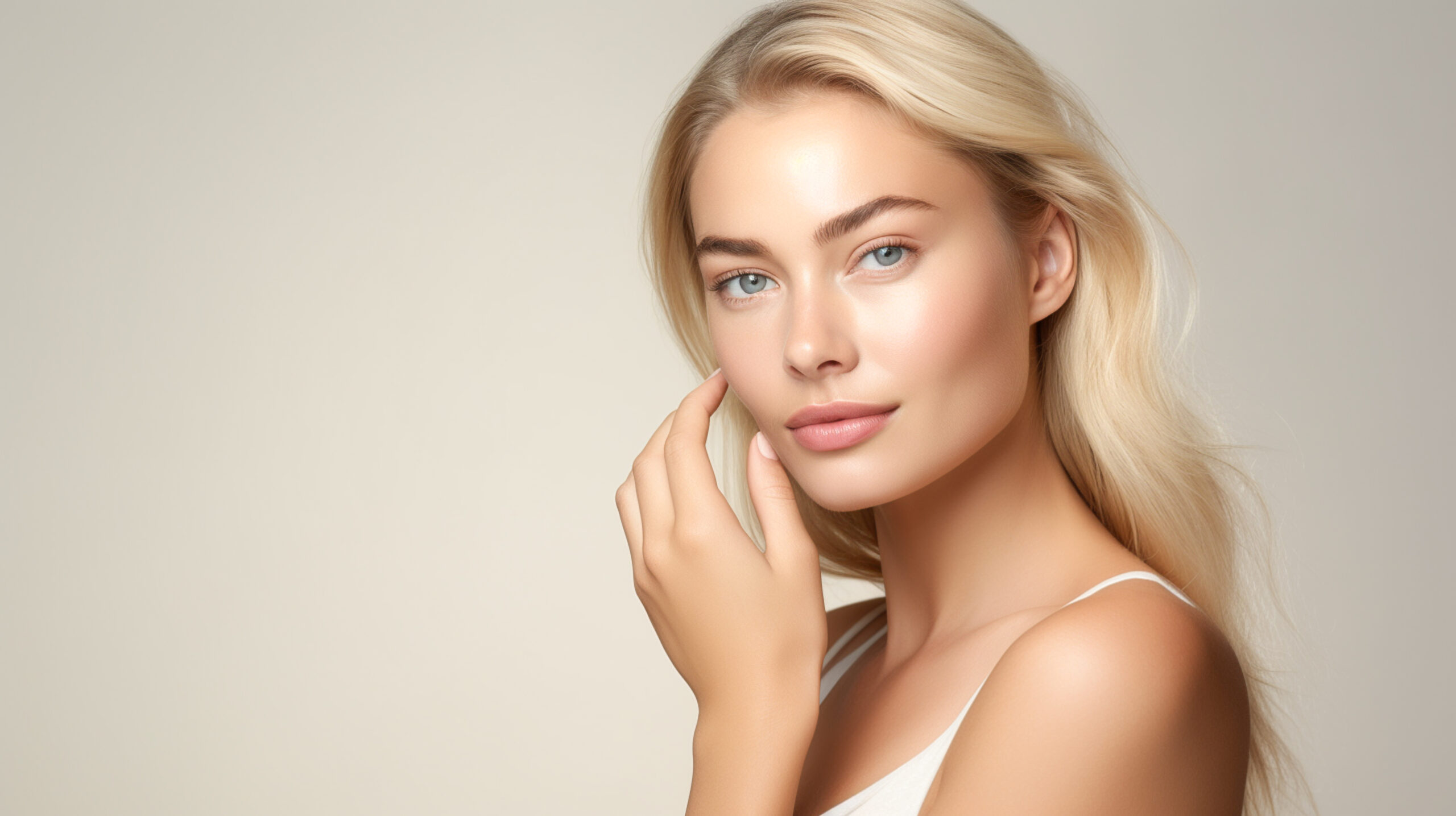 A woman with smooth, radiant skin and a refined nasal profile, illustrating the natural-looking facial harmony achieved with non-surgical rhinoplasty.
