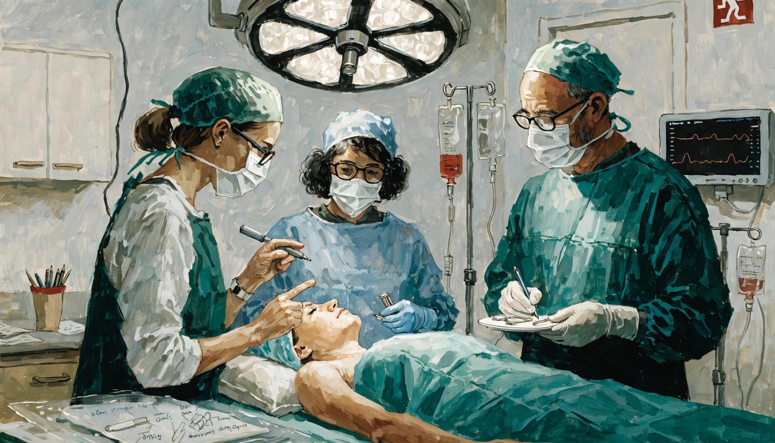 Medical professionals discussing breast implant risks in a surgical environment