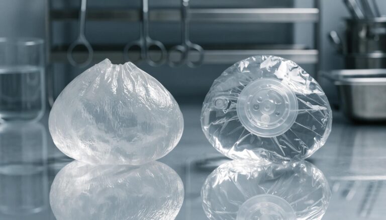 Comparison of silicone and saline breast implants in a clinical setting, highlighting textures and forms