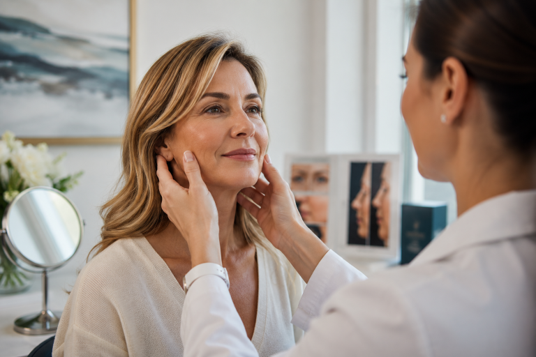 Board-certified facial plastic surgeon consulting with a patient about facial rejuvenation procedures including facelift, rhinoplasty, eyelid surgery, and brow lift at The Collins Center in Connecticut.