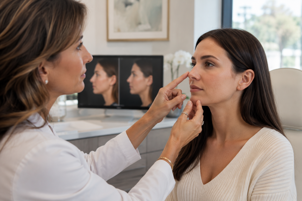 Facial plastic surgeon evaluating a patient's nose during a rhinoplasty consultation to improve facial balance, profile, and breathing function at The Collins Center in Connecticut.