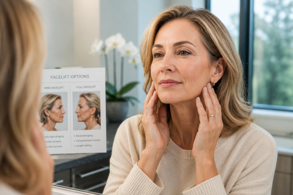 Woman examining her jawline and neck during a facial rejuvenation consultation while considering natural-looking facelift options at The Collins Center in Connecticut.