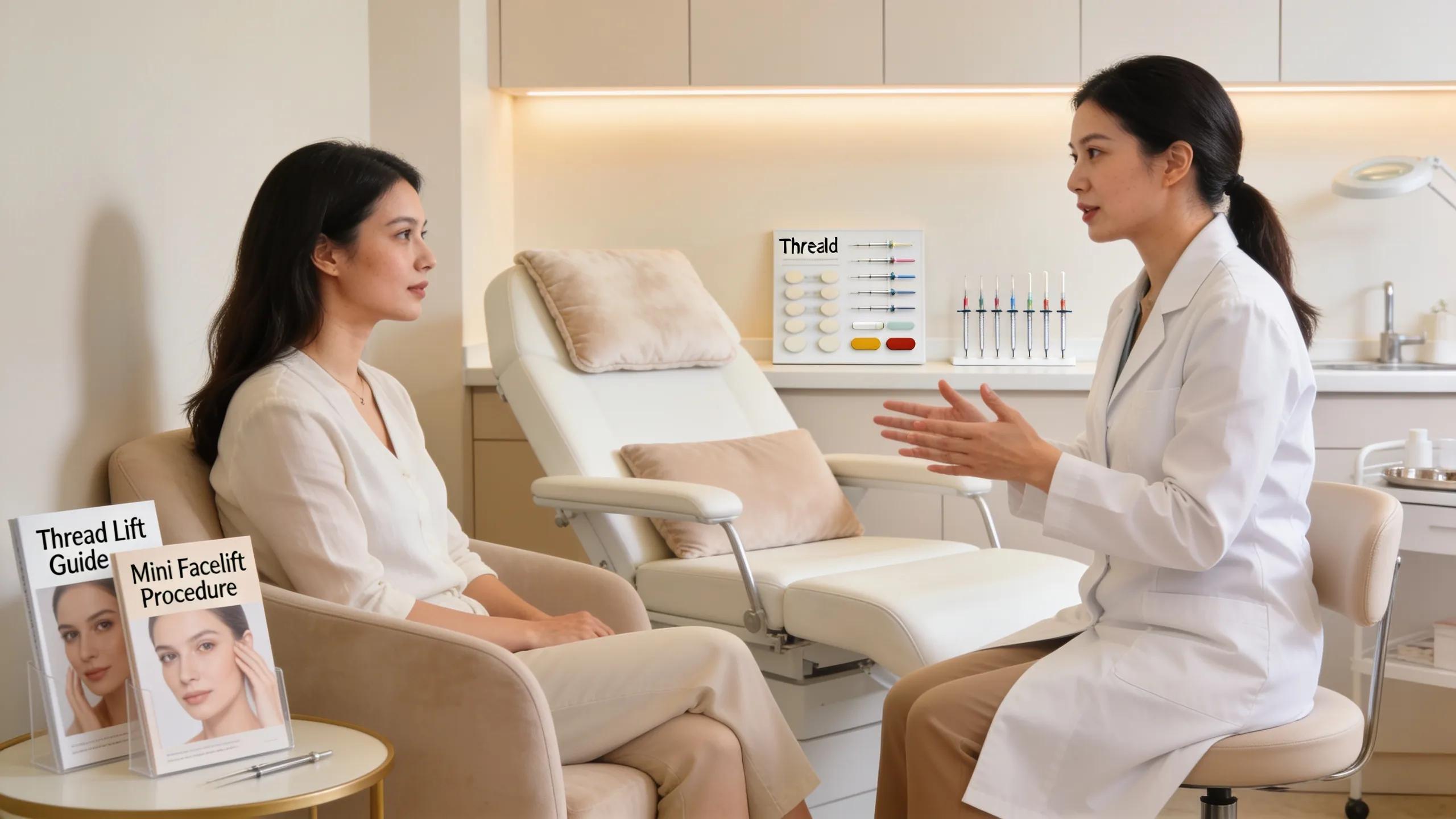 Beauty clinic consultation with practitioner discussing cosmetic enhancement options