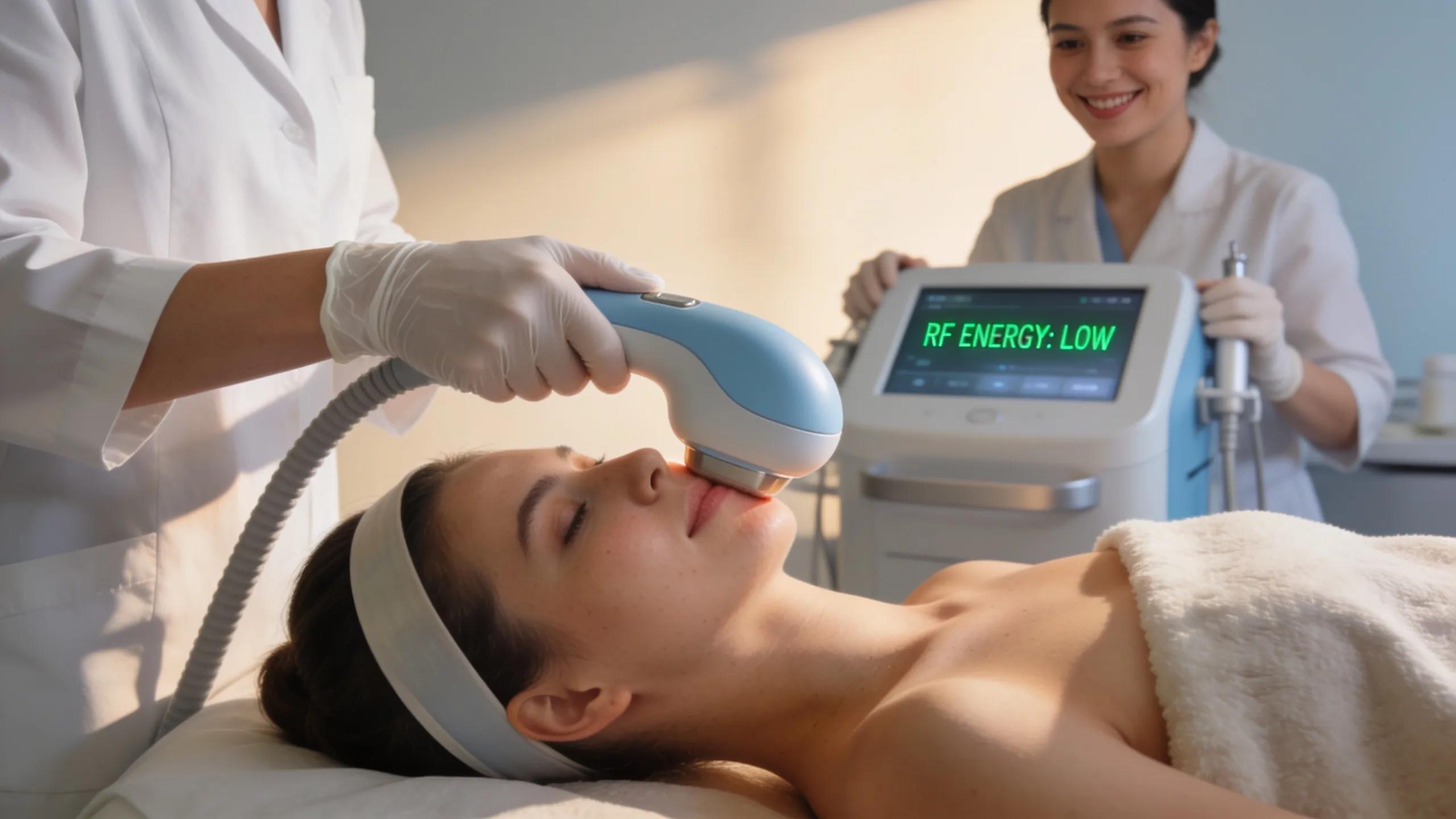 Radiofrequency device treatment for skin rejuvenation, representing Thermage facial procedure