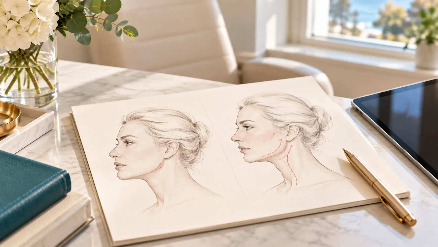 Hand-drawn diagrams comparing mini facelift and full facelift treatment areas
